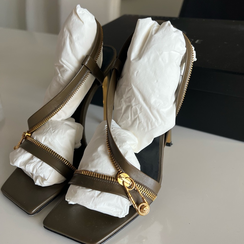 Versace Safety Pin Zipper Leather Slingback Sandals